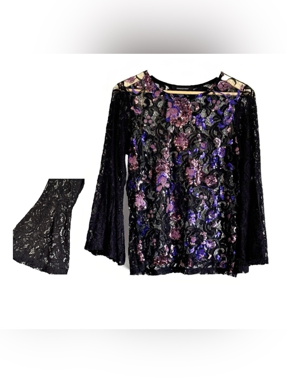 Ashley Stewart Lace Sequin Black Purple Floral Sheer Top Women’s 12 Bell Sleeve